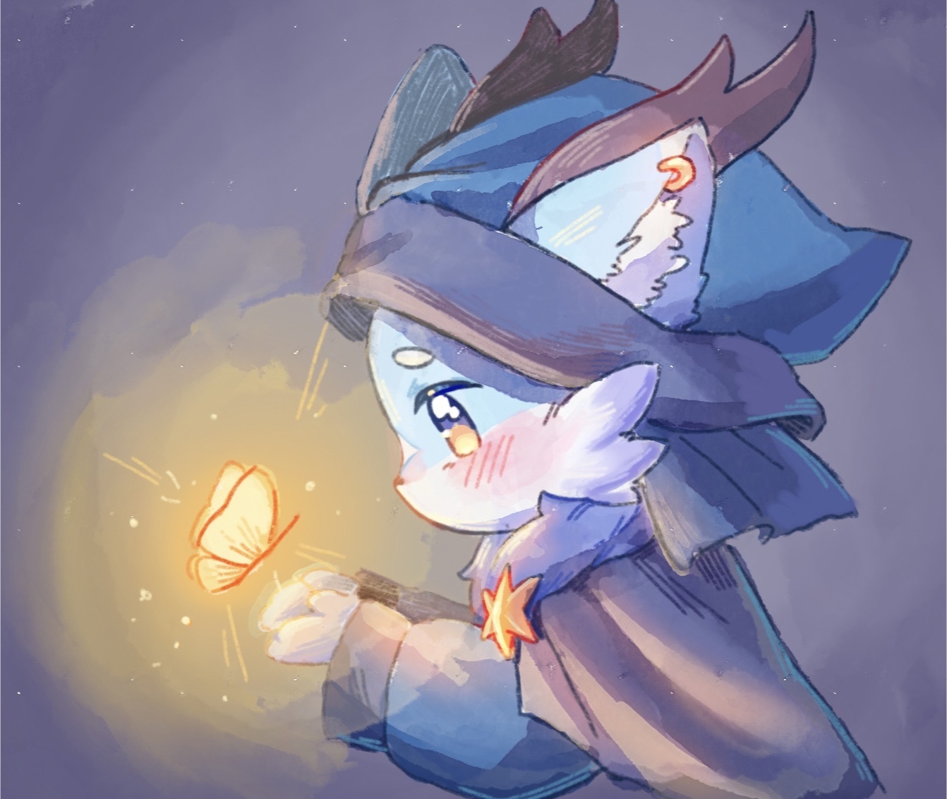 Nyabi watching a glowing butterfly at night