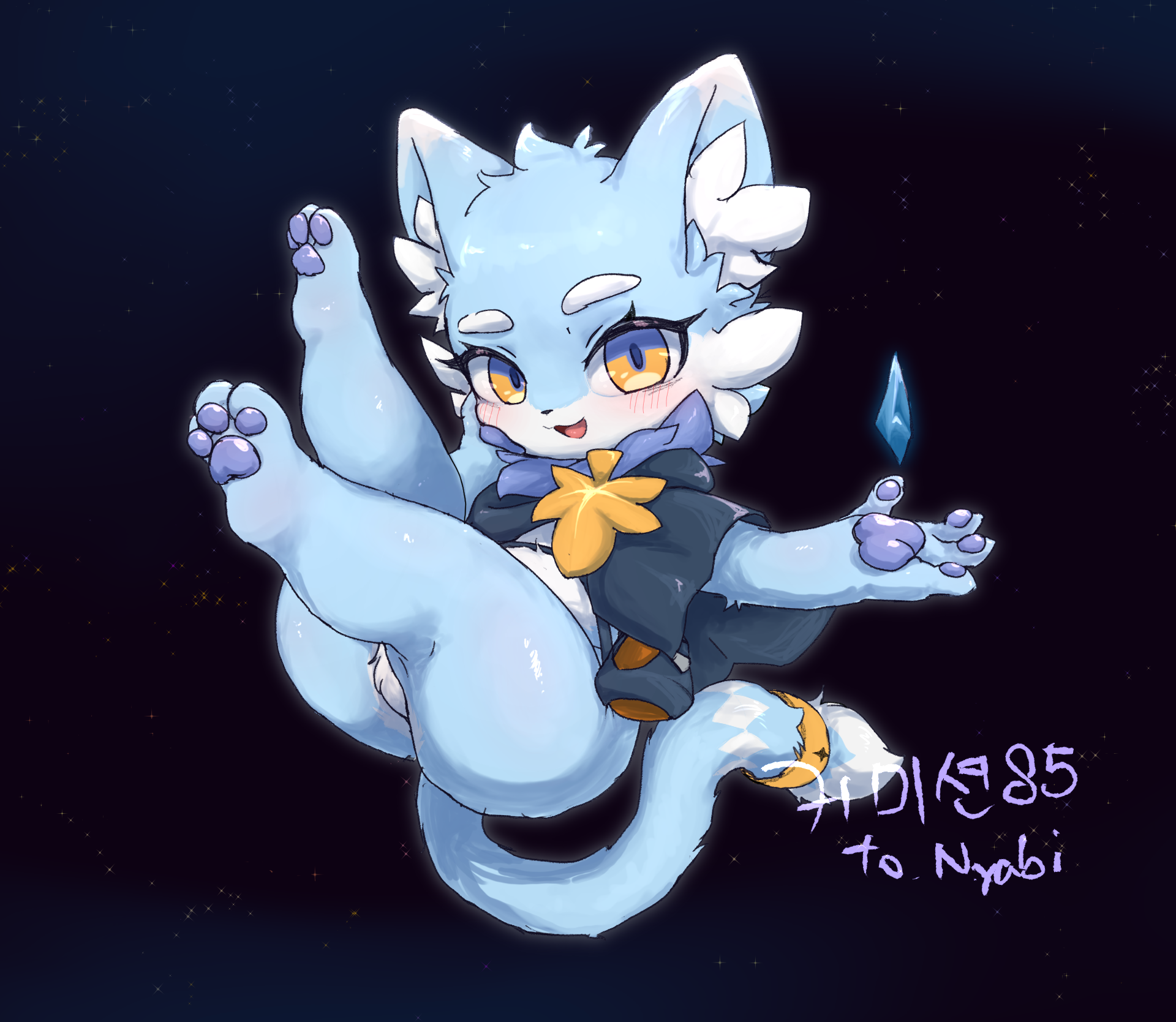 Nyabi — chibi with yellow star scarf holding a small crystal on a starry background