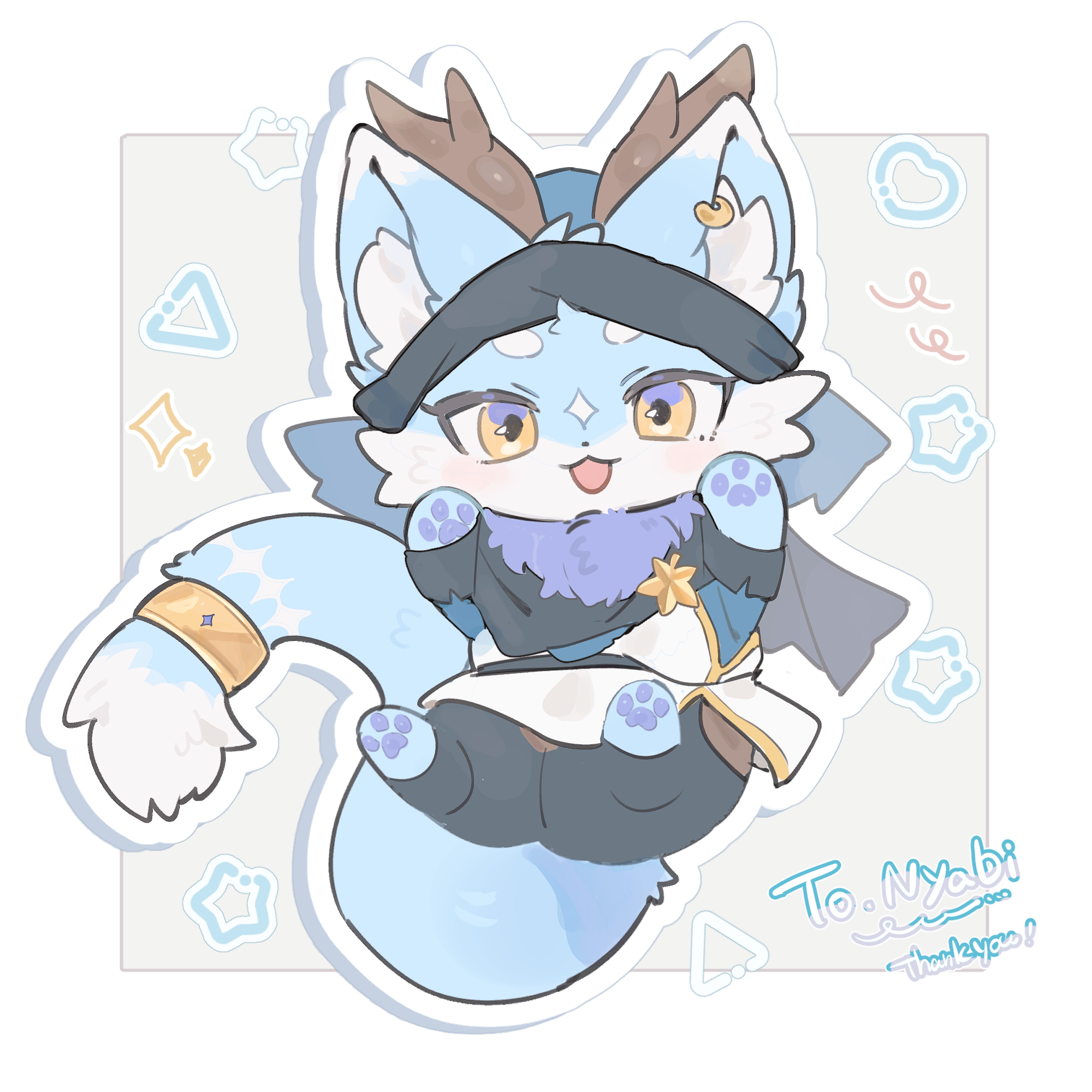 Nyabi — chibi in a dark hood with antlers, showing paw pads