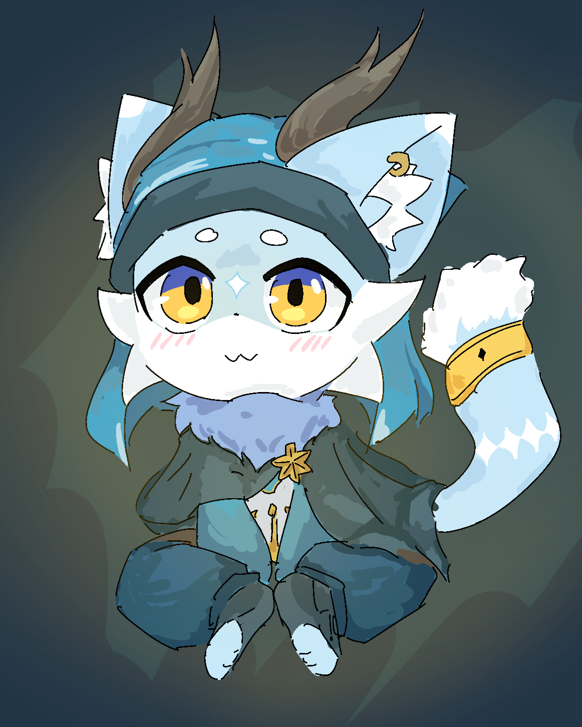 Nyabi — chibi in mage hood waving a paw