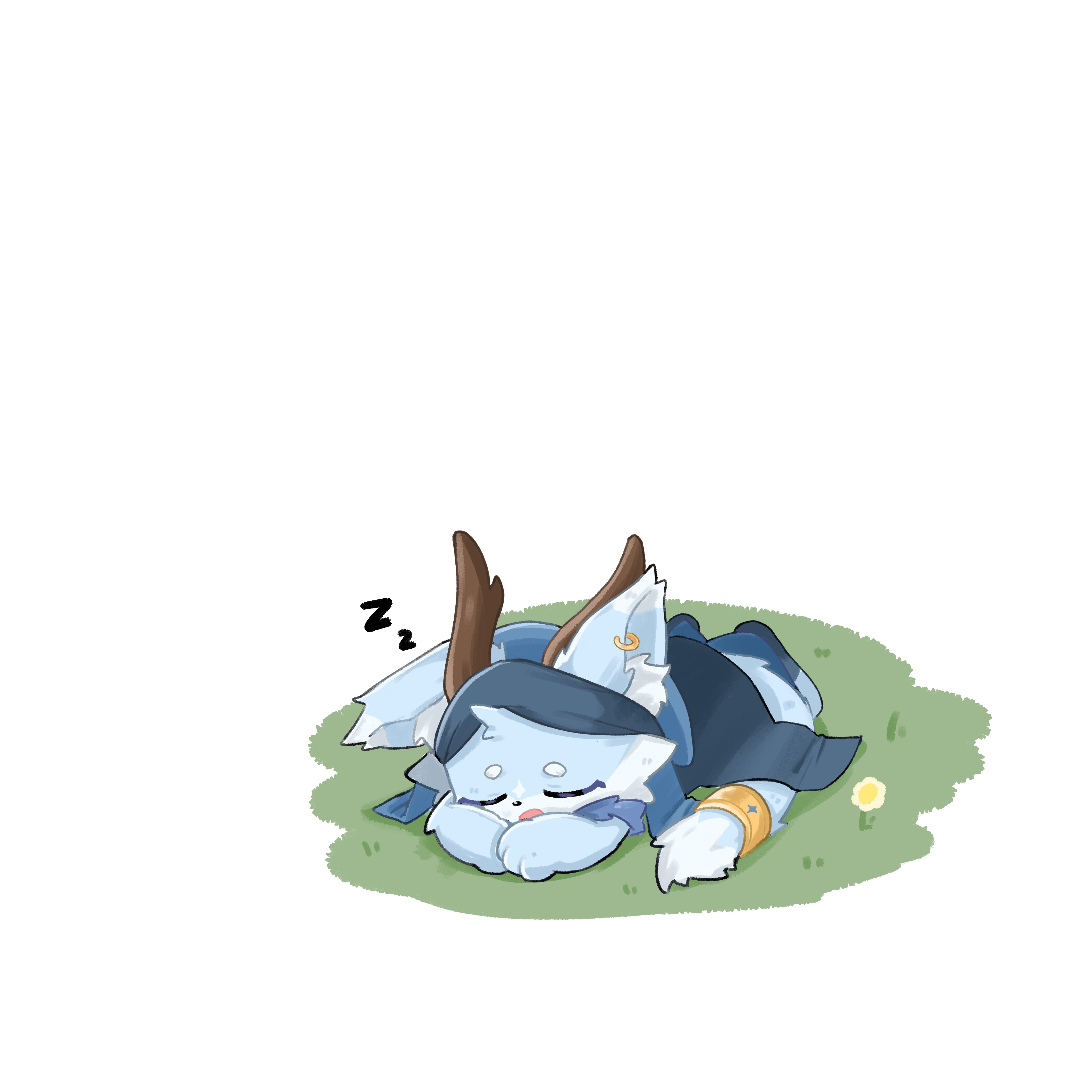 Nyabi — chibi napping on a patch of grass with Zz floating above