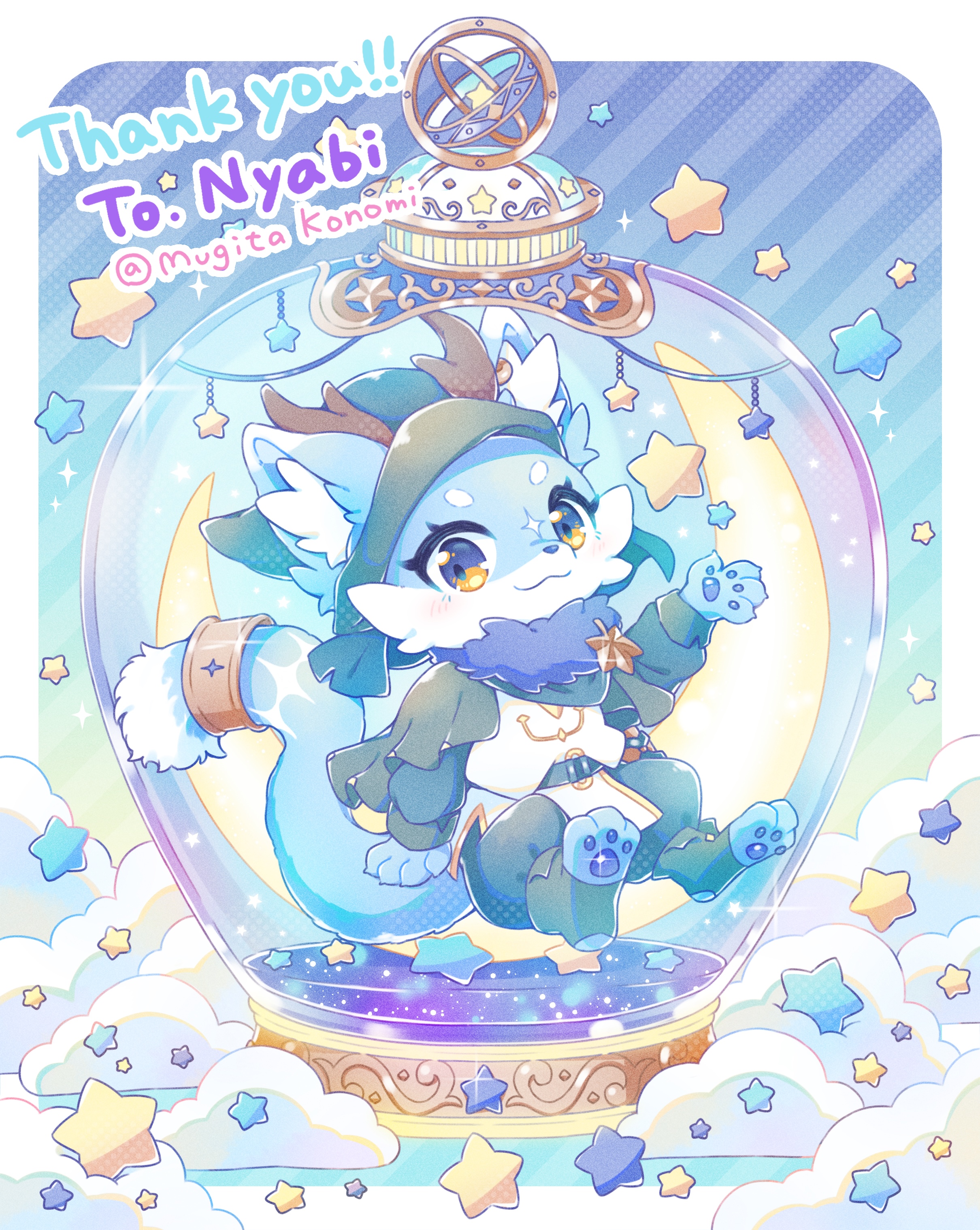 Nyabi — chibi sitting inside a glass snow globe with a crescent moon and stars