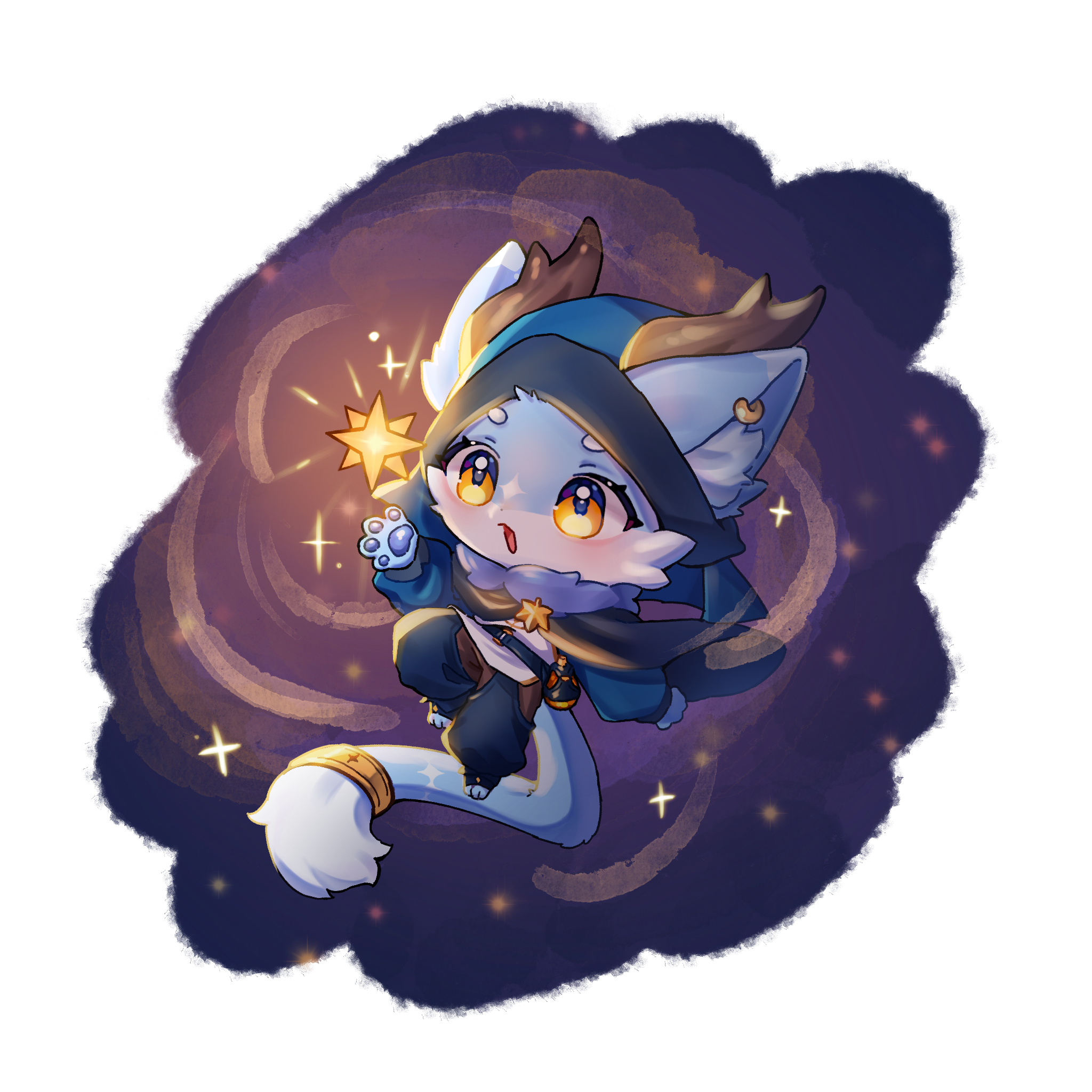 Nyabi — chibi in a mage hood reaching toward a glowing star