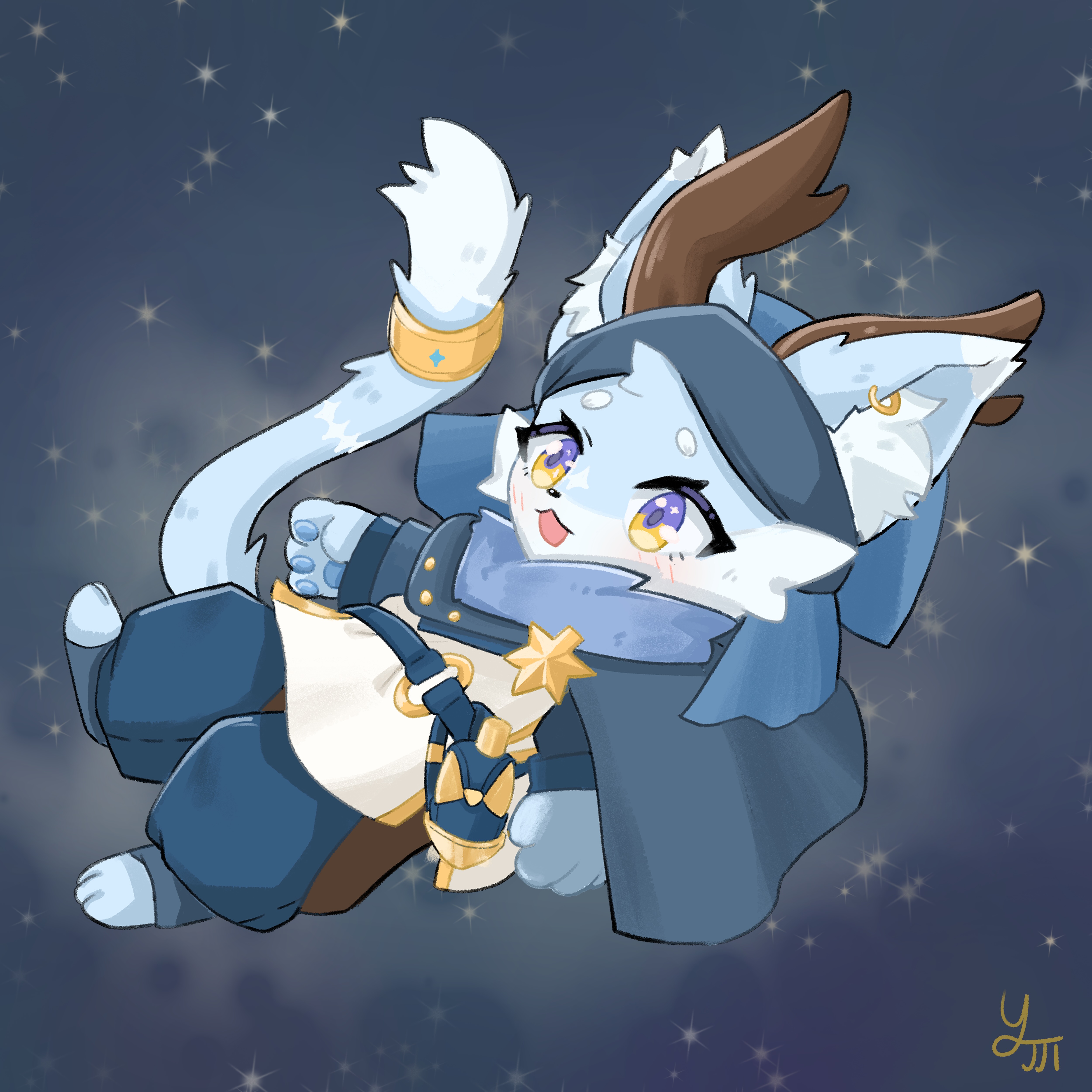 Nyabi — chibi floating through a starry night sky, holding a star