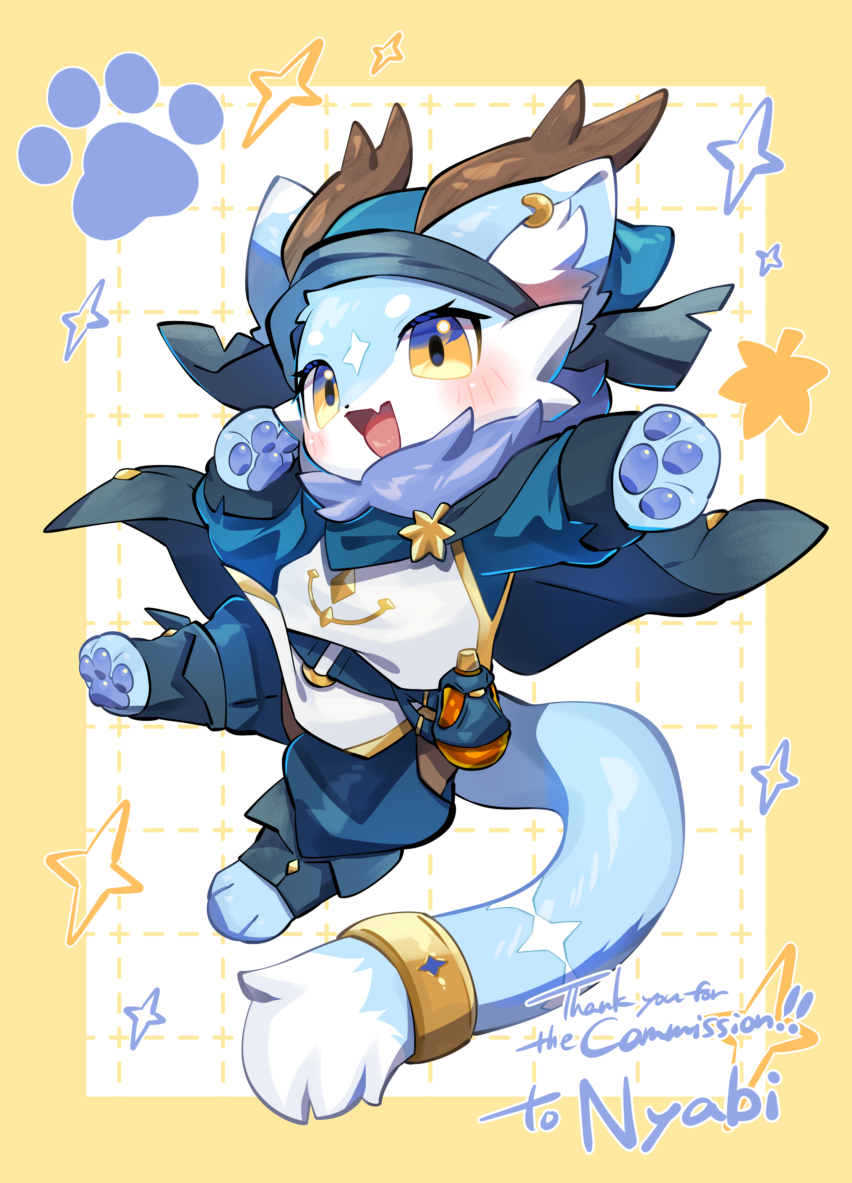 Nyabi — chibi in a hooded outfit floating with paw pads up, thank-you commission art