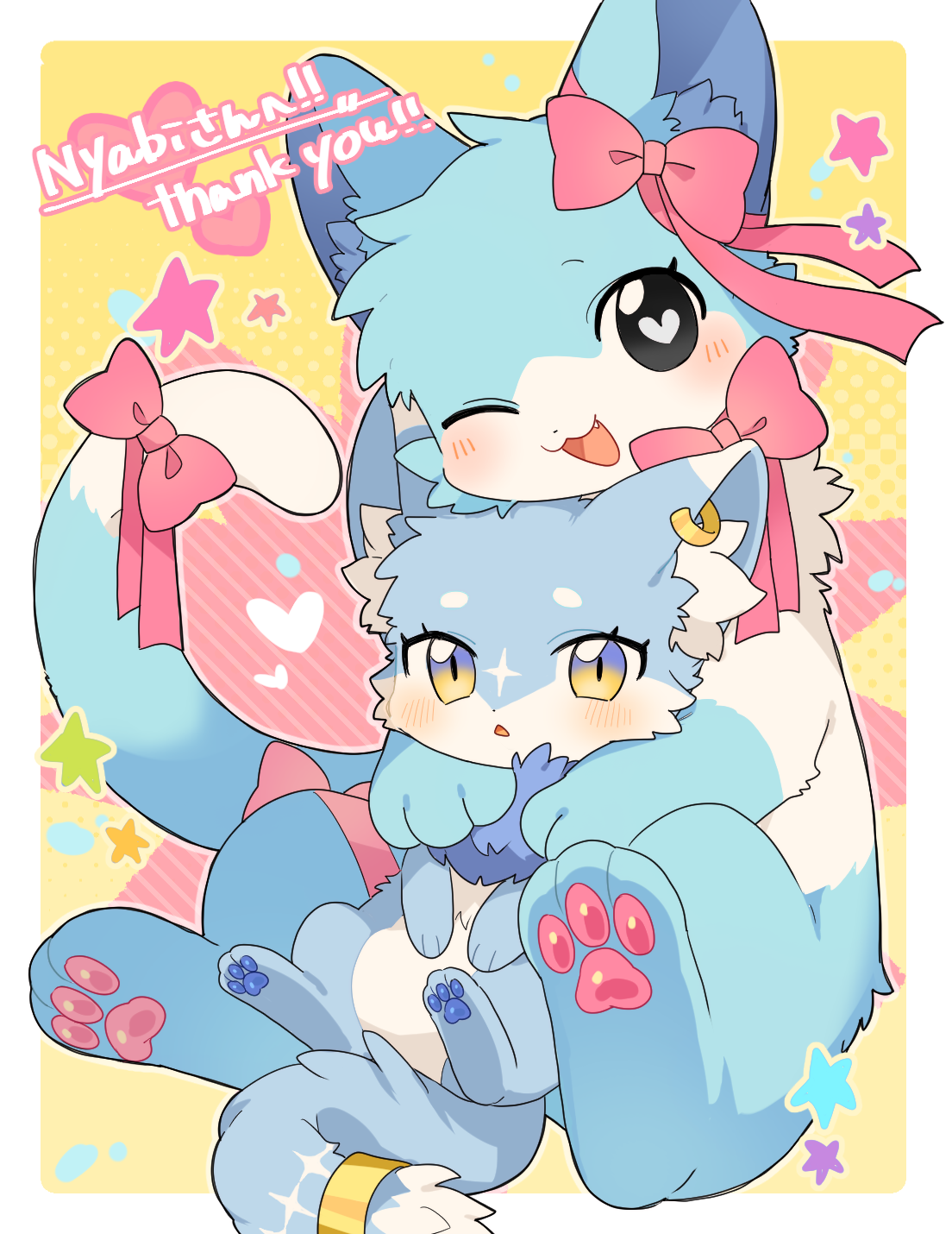 witoru hugging a chibi Nyabi with pink ribbons and a thank-you message