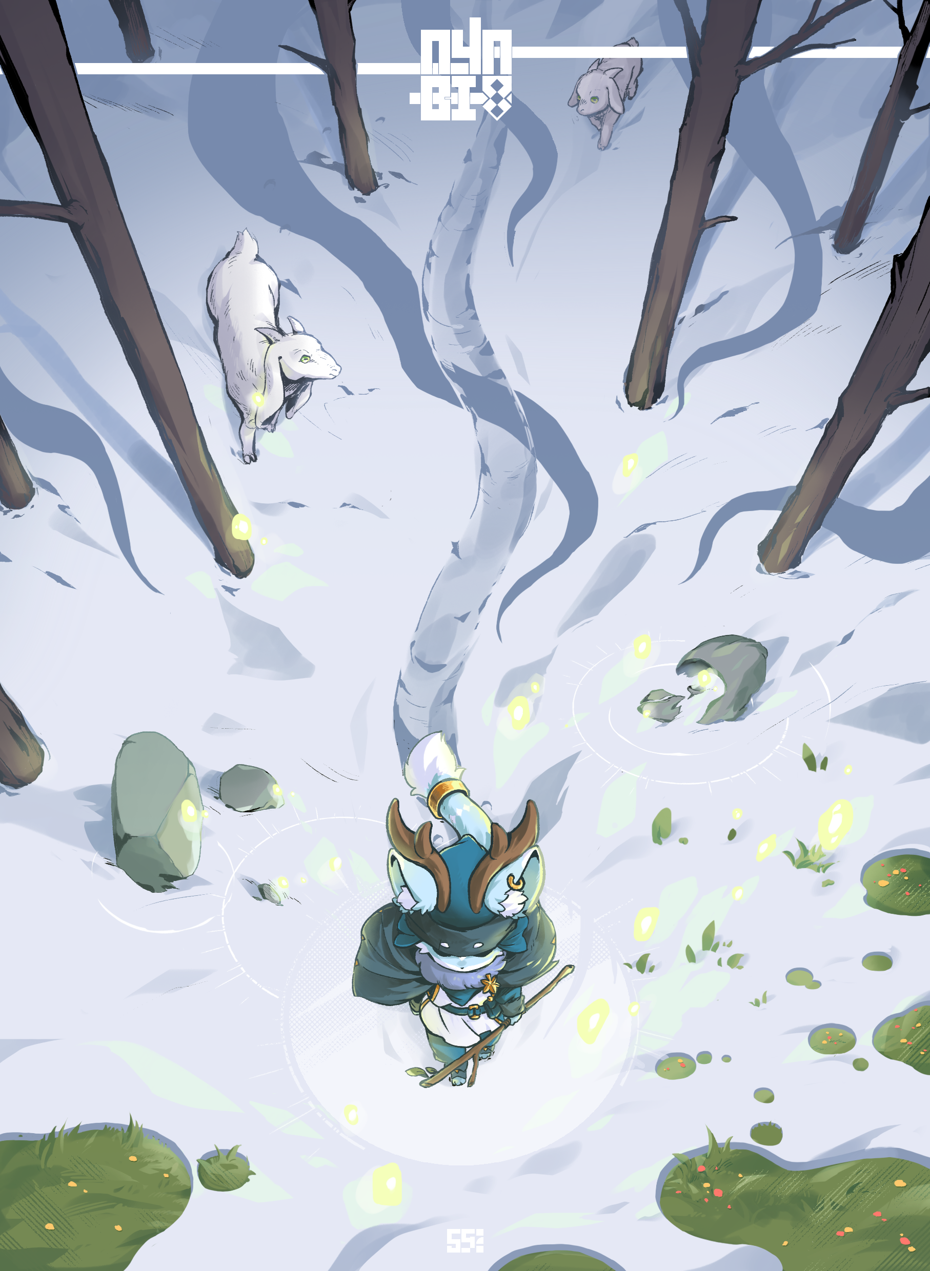 Nyabi exploring a snowy forest with white wolves and glowing lights